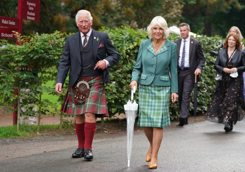 Prince Charles and his wife, Duchess Camilla of Cornwall, visit Dumfries House, one of his charity projects, during a visit to Scotland, on Sept. 9, 2021.