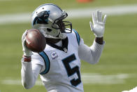 Carolina Panthers quarterback Teddy Bridgewater passes against the Arizona Cardinals during the second half of an NFL football game Sunday, Oct. 4, 2020, in Charlotte, N.C. (AP Photo/Mike McCarn)