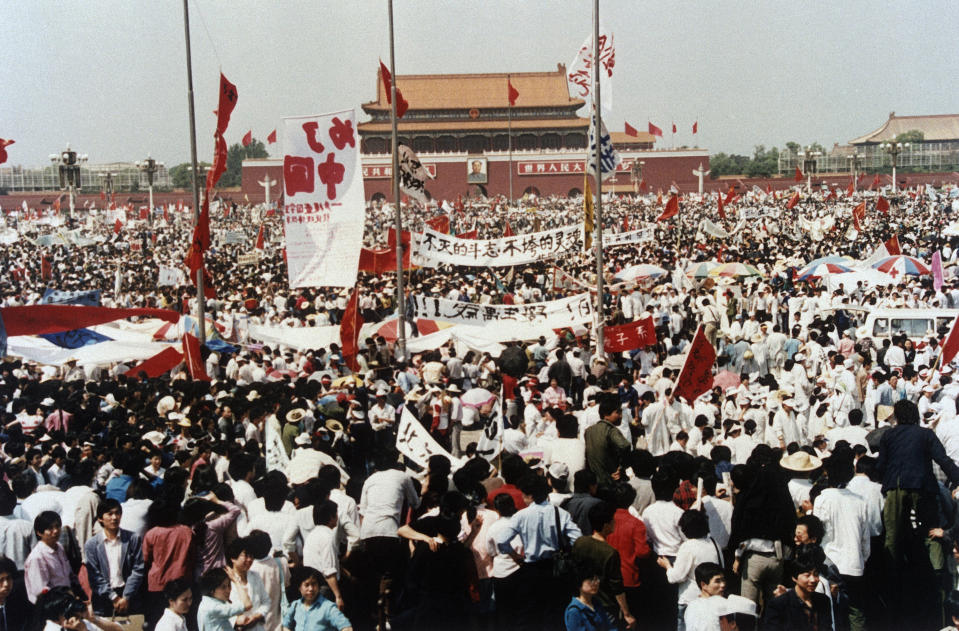 FILE - In this May 17, 1989, file photo, Tiananmen Square is filled with thousands during a pro-democracy rally, in Beijing, China. Over seven weeks in 1989, student-led pro-democracy protests centered on Beijing’s Tiananmen Square became China’s greatest political upheaval since the end of the Cultural Revolution more than a decade earlier.(AP Photo/Sadayuki Mikami, File)