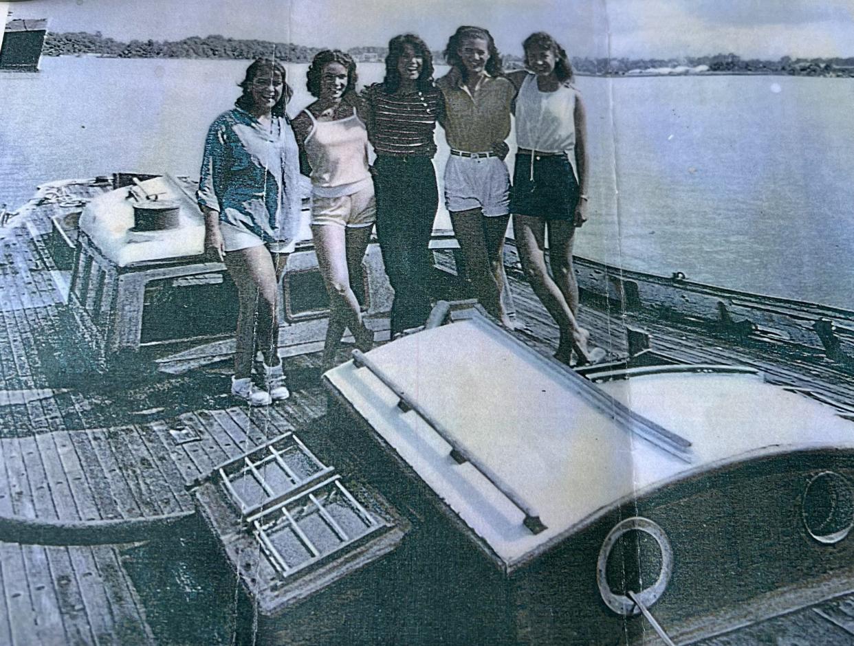 For years in Jacksonville, the Glass daughters did much of the work on the Ostwind, a German Navy boat known to many as "Hitler's yacht." This family photo, which is labeled "Goodby Visit" to Ostwind on Trout River, was taken in May 1982. The oldest sister, Debi Everett, left, identified her sisters (from left to right) Cathy, Ruth, Laura and Peggy.