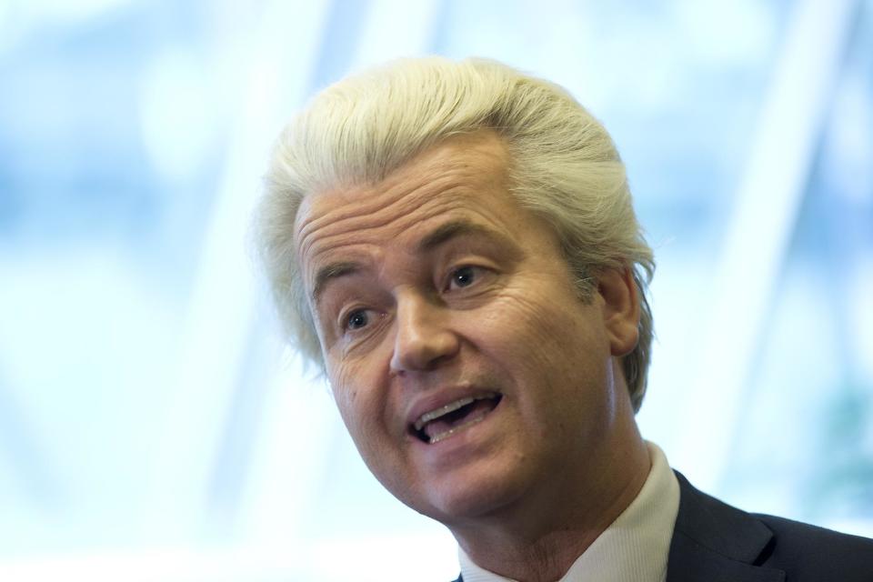 Firebrand anti-islam lawmaker Geert Wilders answers questions during an interview in The Hague, Netherlands, Thursday, Feb. 16, 2017. Now, as a March 15 parliamentary election looms, the political mood is turning inward as Wilders dominates polls with an isolationist manifesto that calls for the Netherlands "to be independent again. So out of the EU." (AP Photo/Peter Dejong)