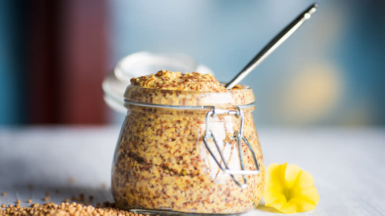 Whole grain mustard in jar