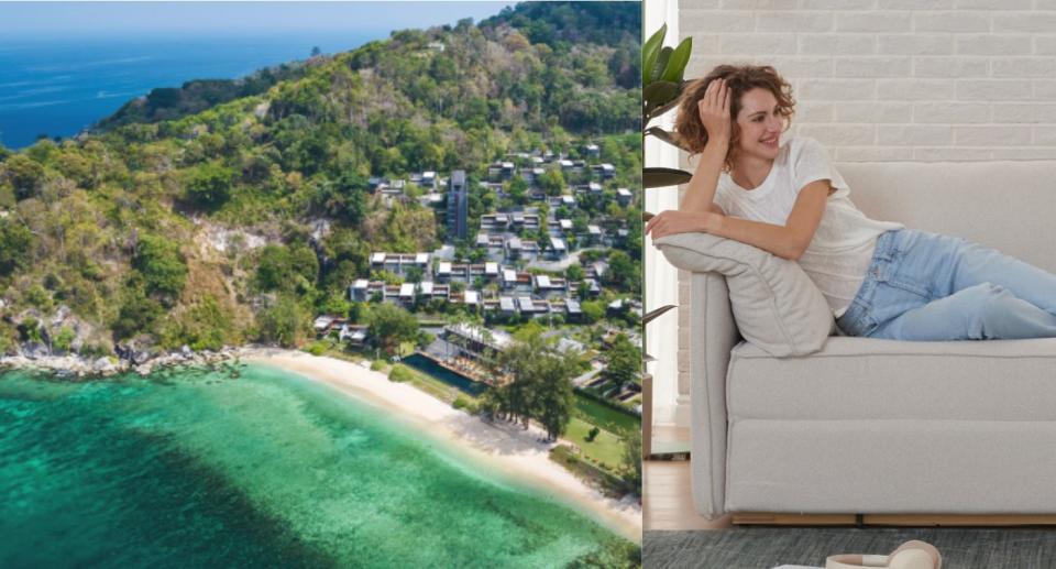 Thai beach and woman sitting on sofa bed