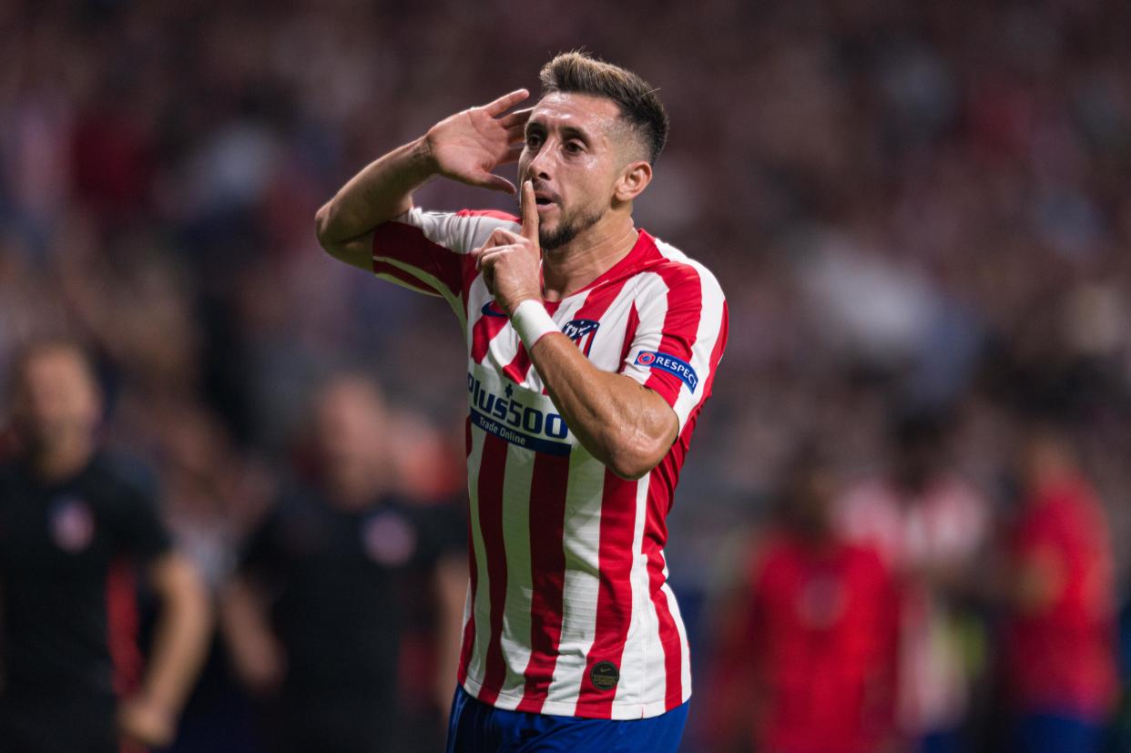MADRID, SPAIN - SEPTEMBER 18: Hector Herrera of Atletico de Madrid celebrates his team's second goal 2:2  during the UEFA Champions League group D match between Atletico Madrid and Juventus at Wanda Metropolitano on September 18, 2019 in Madrid, Spain. (Photo by TF-Images/Getty Images)