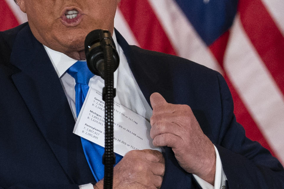 FILE - In this Nov. 4, 2020, file photo President Donald Trump speaks to an election night party in the East Room of the White House in Washington. In Trump's presidency, fact checking became a cottage industry unto itself. And “alternative facts" became a buzzphrase, coined by one of his admiring aides. (AP Photo/Evan Vucci, File)