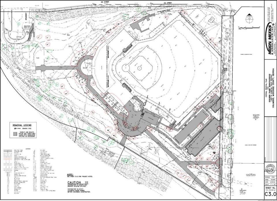 This is the tree removal plan for Golden Park in Columbus, Georgia. Red circles indicate trees that are removed and green indicates trees that will be saved. Submitted