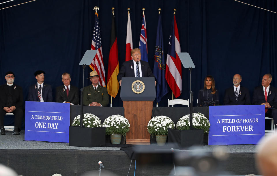 President Donald Trump speaks during the September 11th Flight 93 Memorial Service in Shanksville, Pa., Tuesday, Sept. 11, 2018. Trump is marking 17 years since the worst terrorist attack on U.S. soil by visiting the Pennsylvania field that became a Sept. 11 memorial. (AP Photo/Gene J. Puskar)