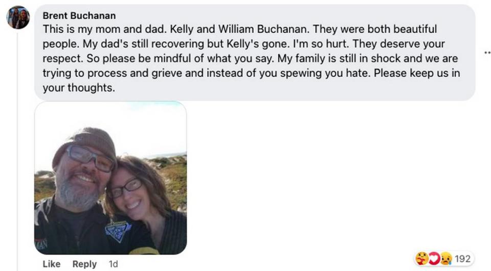 Brent Buchanan, brother of Justin Buchanan, posted a photo of his father Billy Buchanan and stepmother Kelly Buchanan on Facebook. Justin Buchanan is suspected of stabbing his stepmother to death and injuring his father in Shandon on July 16, 2023.