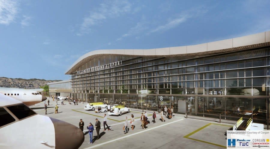 This rendering of the new Hollywood Burbank Airport terminal shows passengers walking out to board a plane. (Hollywood Burbank Airport, courtesy of Corgan)