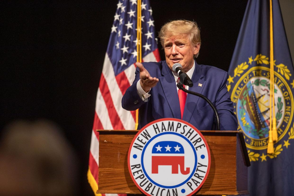 Former US President Donald Trump speaks at the New Hampshire Republican State Committee's annual meeting on January 28, 2023 in Salem, New Hampshire.