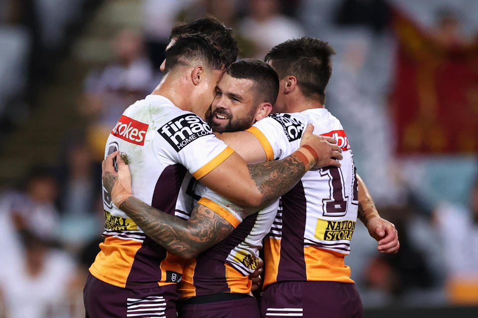 Adam Reynolds (pictured) celebrates scoring a try during the round nine NRL match against the South Sydney Rabbitohs.