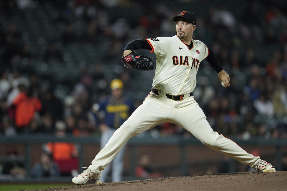 San Francisco Giants' Blake Snell pitches to a Milwaukee Brewers batter during the fourth inning of a baseball game Wednesday, Sept. 11, 2024, in San Francisco. (AP Photo/Godofredo A. Vásquez)