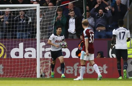 Britain Soccer Football - Burnley v Tottenham Hotspur - Premier League - Turf Moor - 1/4/17 Tottenham's Son Heung-min celebrates scoring their second goal Action Images via Reuters / Jason Cairnduff Livepic