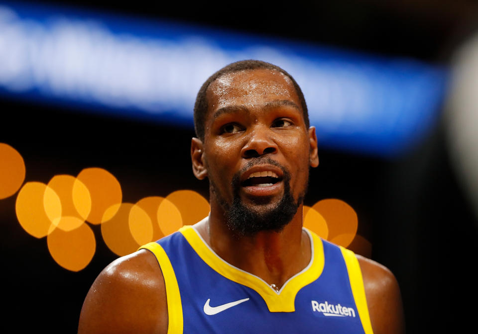 Kevin Durant got viciously trolled with “Draymond hates you” chants during the Warriors-Hawks game. (Photo by Kevin C. Cox/Getty Images)