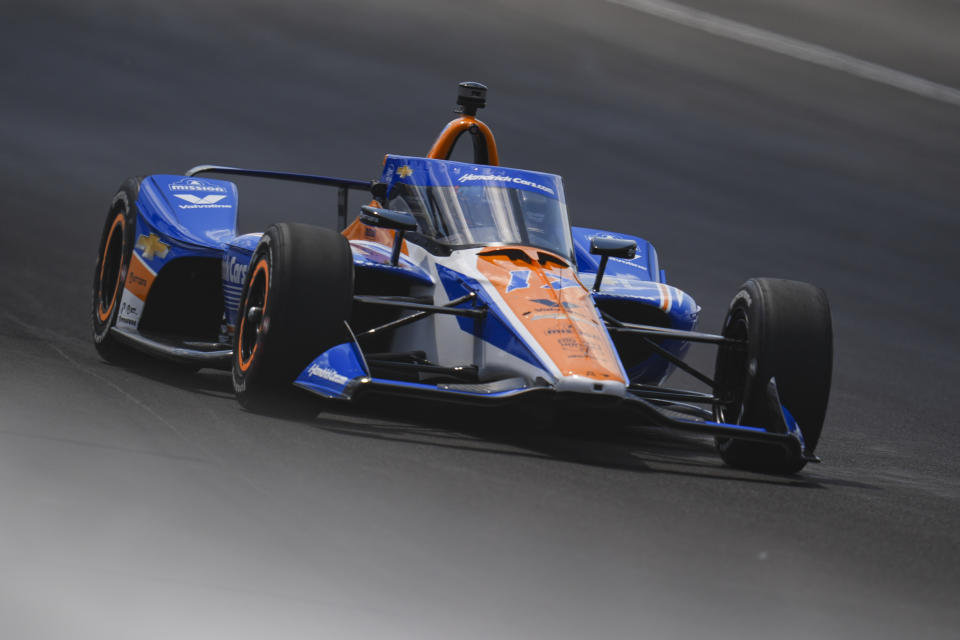 Kyle Larson drives into Turn 2 during qualifying for the Indianapolis 500 auto race at Indianapolis Motor Speedway in Indianapolis, Sunday, May 19, 2024. (AP Photo/Michael Conroy)