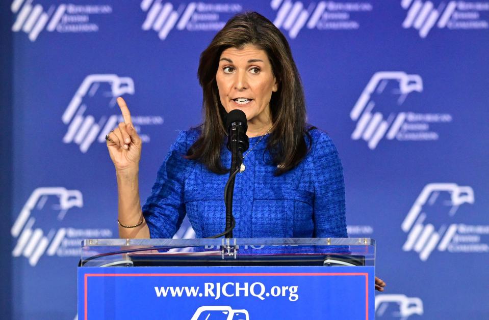 US Republican presidential candidate Nikki Haley addresses the Republican Jewish Coalition (RJC) Annual Leadership Summit on October 28, 2023 at the Venetian Conference Center in Las Vegas, Nevada.