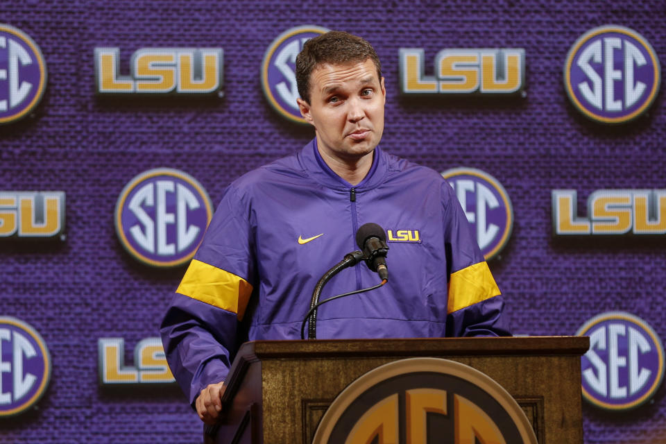 LSU head coach Will Wade speaks during the Southeastern Conference NCAA college basketball media day, Wednesday, Oct. 16, 2019, in Birmingham, Ala. (AP Photo/Butch Dill)