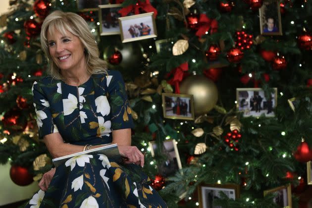 WASHINGTON, DC - NOVEMBER 29: U.S. first lady Jill Biden smiles after she read her book Don’t Forget, God Bless our Troops to a second-grade class from Malcolm Elementary School in Waldorf, Maryland, in the State Dining Room of the White House November 29, 2021 in Washington, DC. First lady Jill Biden unveiled the 2021 White House holiday décor today with the theme “Gifts from the Heart”. A variety of interactive viewing experiences will be launched on digital platforms, including Instagram, Google Maps Street View, Snapchat, and others that will allow the public to engage with the White House from home over the course of holidays. (Photo by Alex Wong/Getty Images) (Photo: Alex Wong via Getty Images)