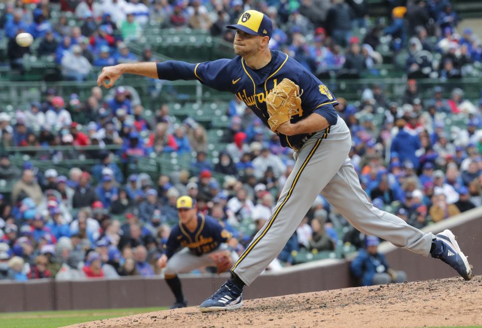 Milwaukee Brewers relief pitcher Jake Cousins (54) throws  during the seventh inning during the inning of their game against the Chicago Cubs Thursday, April 7, 2022 at Wrigley Field in Chicago, Ill. The Chicago Cubs beat the Milwaukee Brewers 5-4.