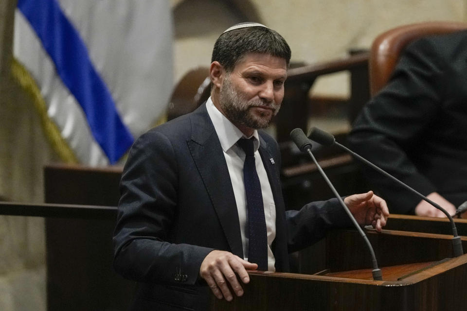 FILE - Israeli Finance Minister Bezalel Smotrich speaks at the Knesset, Israel's parliament, in Jerusalem, on July 10, 2023. Smotrich, a leader of the settlement movement, assumed new powers over the occupied territory in his coalition agreement with Prime Minister Benjamin Netanyahu. (AP Photo/Maya Alleruzzo, File)