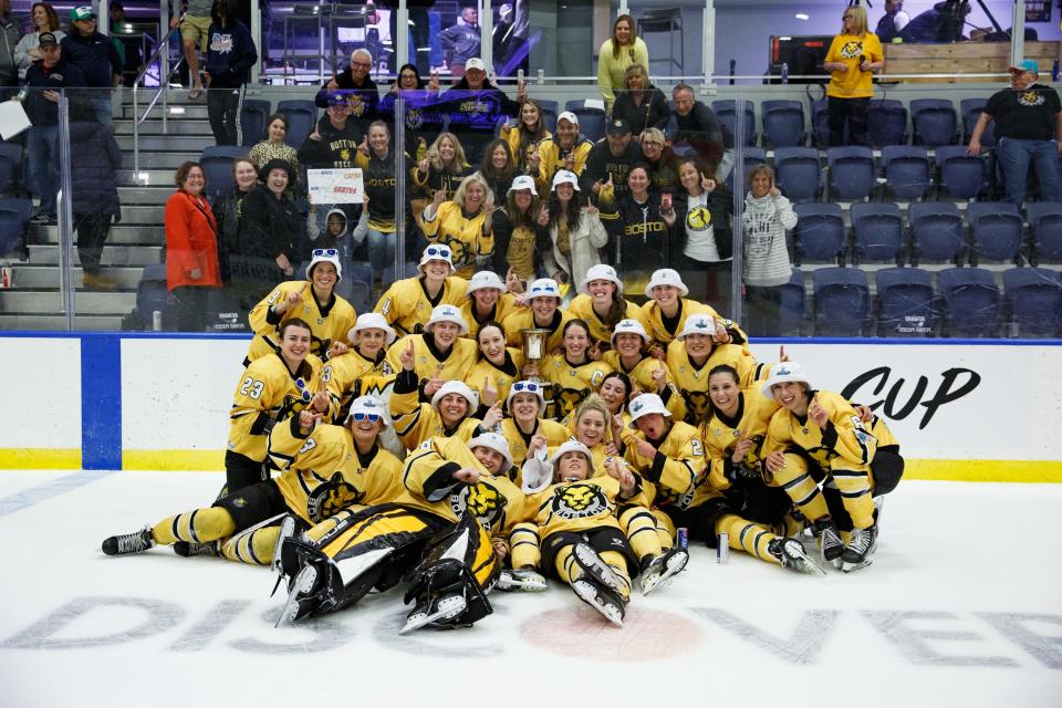 Boston Pride players celebrate winning the Isobel Cup Final in Wesley Chapel, Florida, on March 28, 2022.