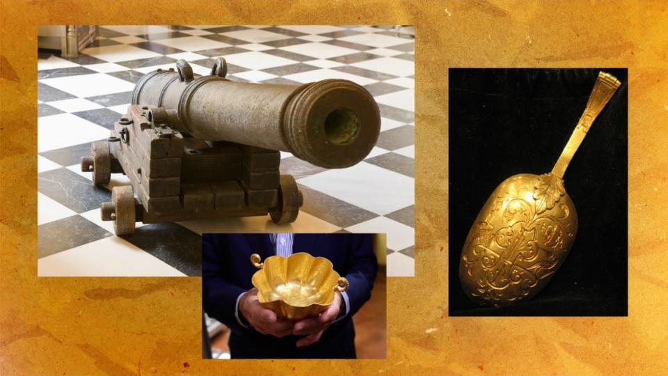 <div class="inline-image__caption"><p>A cannon, gold chalice, and gold spoon discovered on board the Nuestra Señora de Atoche.</p></div> <div class="inline-image__credit">Photo Illustration by Luis G. Rendon/The Daily Beast/ Don Emmert/AFP via Getty Images</div>