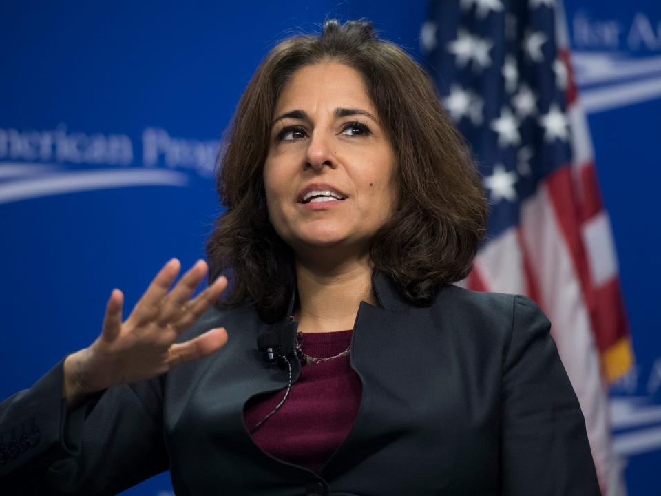 UNITED STATES - FEBRUARY 12: Neera Tanden, president of the Center for American Progress, moderates a discussion with former Homeland Security Secretary Jeh Johnson titled "Election Security in 50 States: Defending America's Elections," on February 12, 2018. Sen. Amy Klobuchar, D-Minn., also appeared. (Photo By Tom Williams/CQ Roll Call)