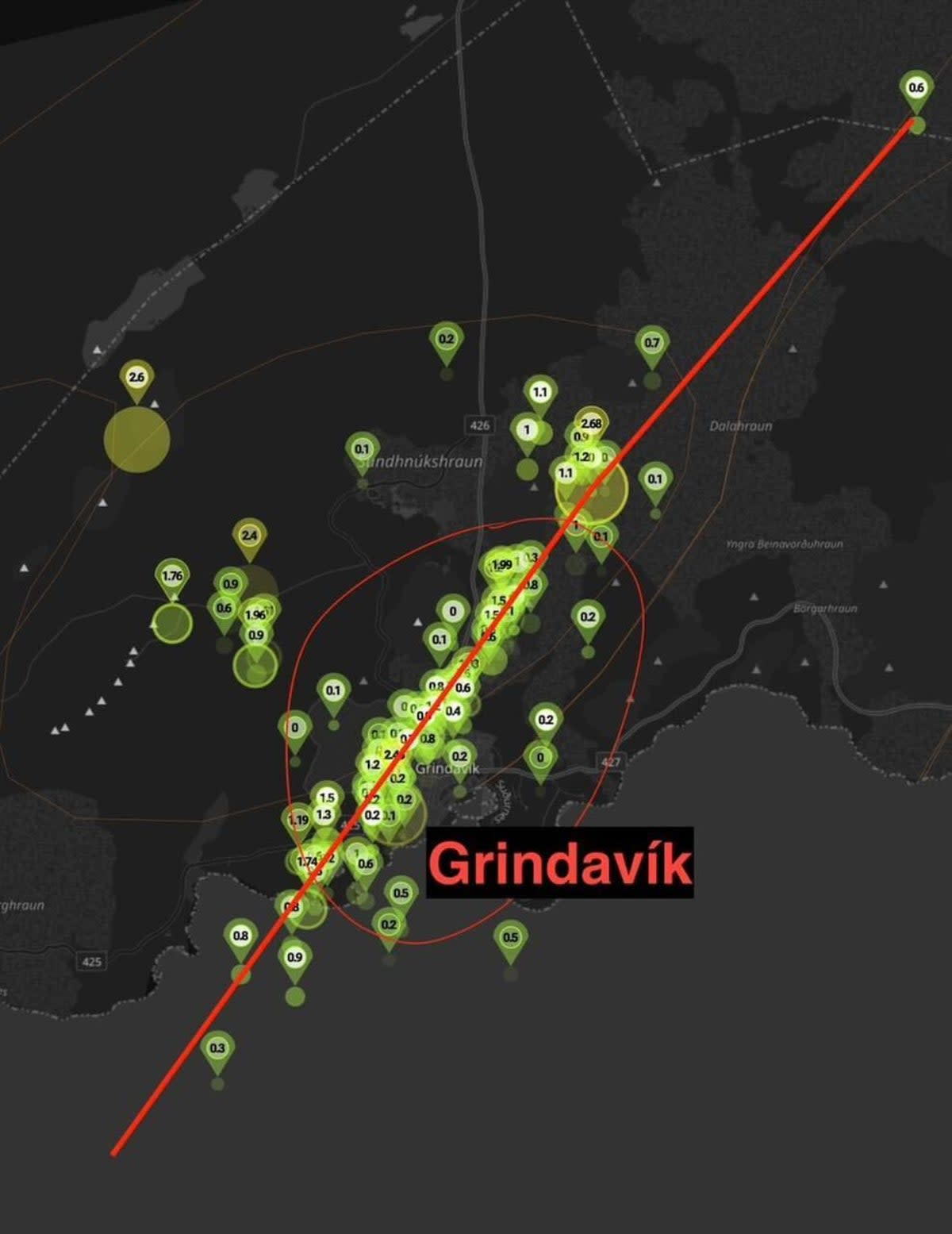 Seismic activity mapped around Grindavik (Provided)