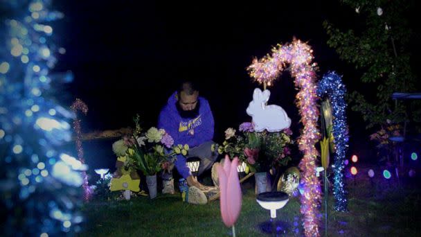 PHOTO: Felix Rubio places a hand he kissed onto his daughter Lexi’s gravesite in Uvalde, Texas, on March 28, 2023. (ABC News)