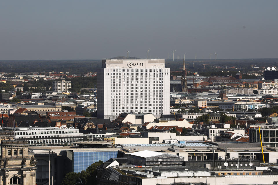 The sun shines on the central Charite building where Russian opposition leader Alexei Navalny is treated in Berlin, Germany, Monday, Sept. 14, 2020. The German government says specialist labs in France and Sweden have confirmed Russian opposition leader Alexei Navalny was poisoned with the Soviet-era nerve agent Novichok. (AP Photo/Markus Schreiber)