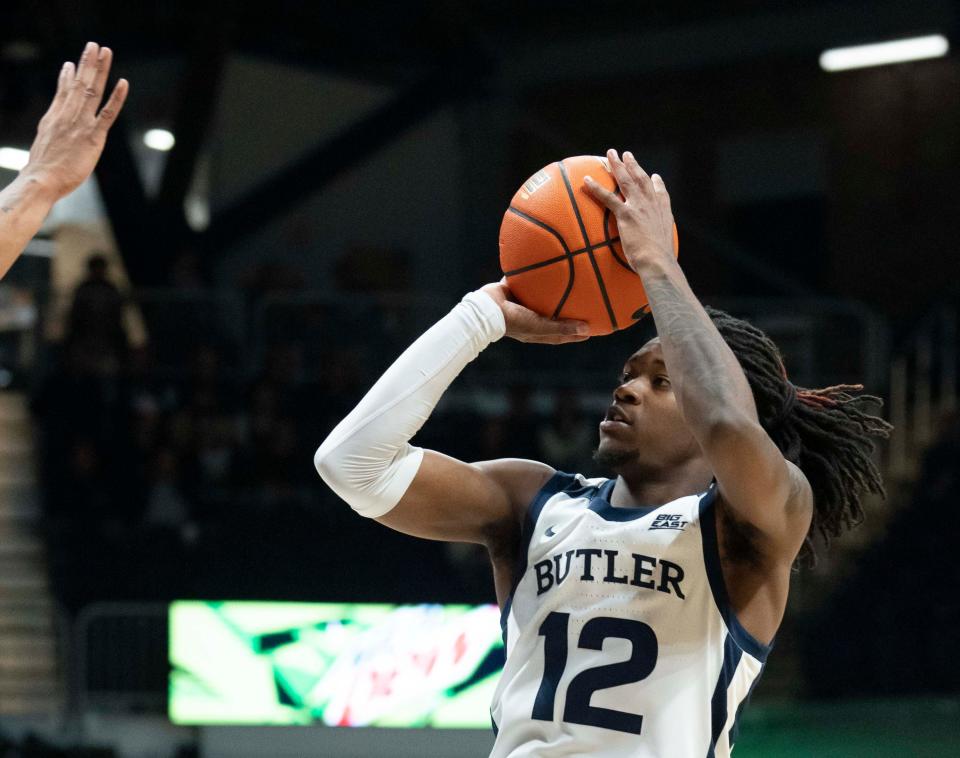 Butler Bulldogs guard Myles Tate (12) puts up a shot Monday, Nov. 7, 2022, at Hinkle Fieldhouse in Indianapolis.