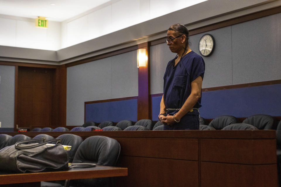 Nathan Chasing Horse stands in court in Las Vegas, on Monday, April 3, 2023. Clark County District Judge Carli Kierny postponed the trial for the former “Dances With Wolves” actor indicted in state court on charges that he sexually abused Indigenous women and girls for a decade in the Las Vegas area. (AP Photo/Ty O'Neil)