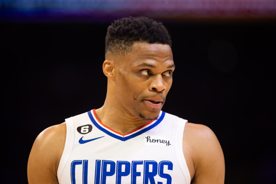 Apr 9, 2023; Phoenix, Arizona, USA; Los Angeles Clippers guard Russell Westbrook against the Phoenix Suns in the second half at Footprint Center. Mandatory Credit: Mark J. Rebilas-USA TODAY Sports