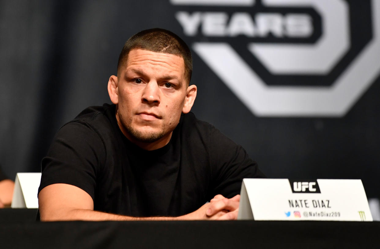 LOS ANGELES, CA - AUGUST 03:  Nate Diaz interacts with the fans and media during the UFC press conference inside the Orpheum Theater on August 3, 2018 in Los Angeles, California. (Photo by Jeff Bottari/Zuffa LLC/Zuffa LLC via Getty Images)