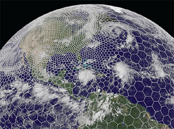 The variable-mesh <a href="http://nar.ucar.edu/2013/ncar/spanning-globe-high-resolution-weather-forecast-model" rel="nofollow noopener" target="_blank" data-ylk="slk:MPAS;elm:context_link;itc:0;sec:content-canvas" class="link ">MPAS</a> grid can be customized to feature higher resolution where added detail is desired, as illustrated here for