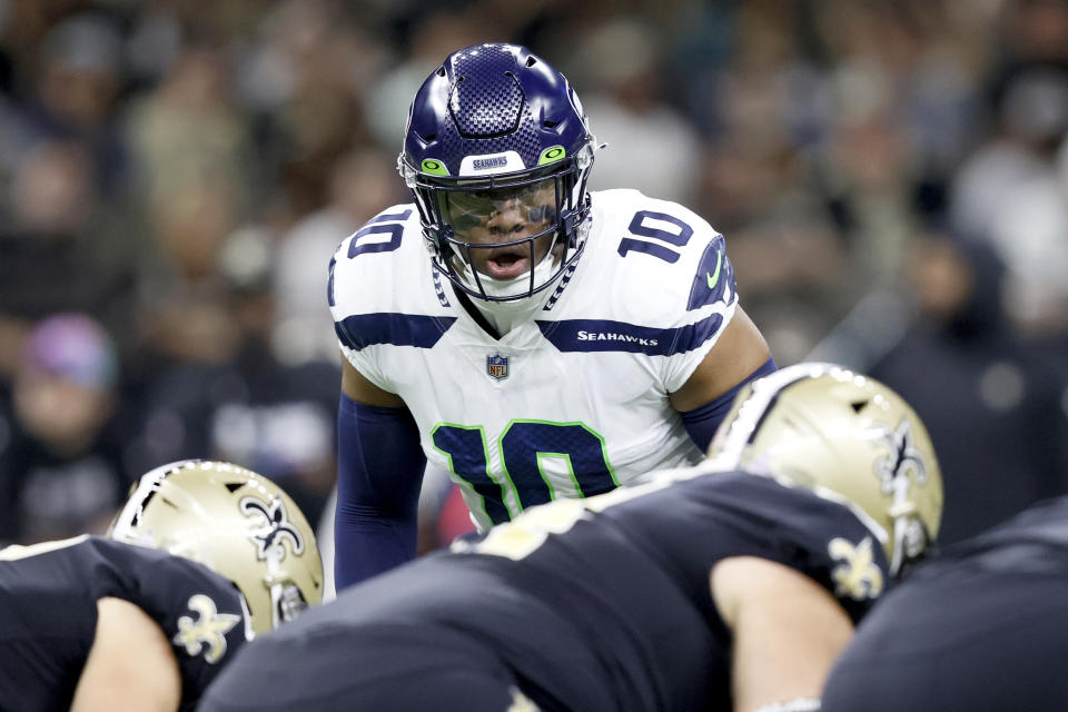 FILE - Seattle Seahawks linebacker Uchenna Nwosu lines up on defense during an NFL football game against the New Orleans Saints in New Orleans, Sunday, Oct. 9, 2022. His parents emigrated from Nigeria. (AP Photo/Derick Hingle, File)