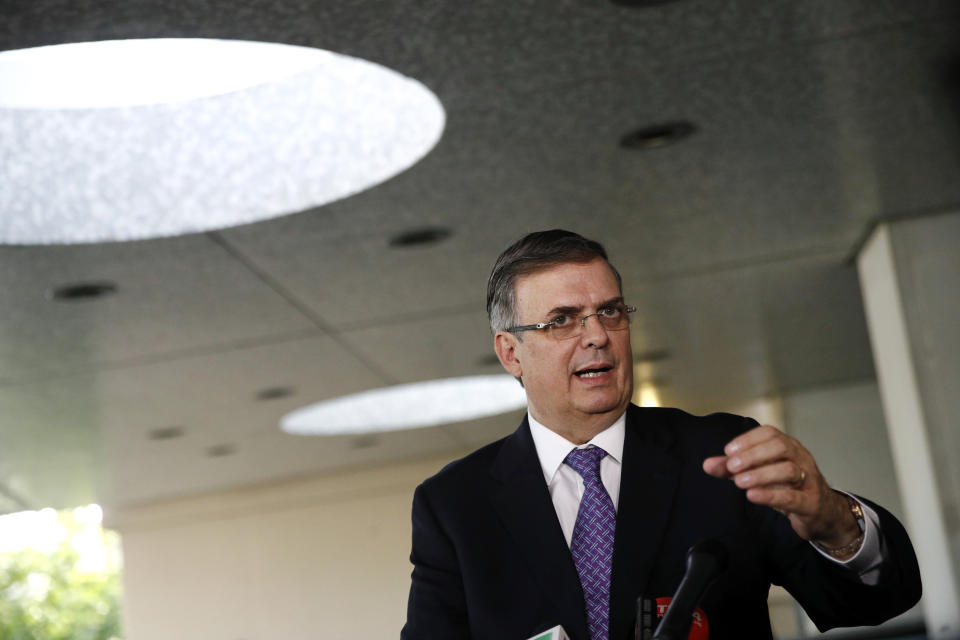 Mexico's Foreign Secretary Marcelo Ebrard speaks with reporters, Thursday, May 23, 2019, after meeting with Secretary of State Mike Pompeo at the U.S. State Department in Washington. (AP Photo/Patrick Semansky)