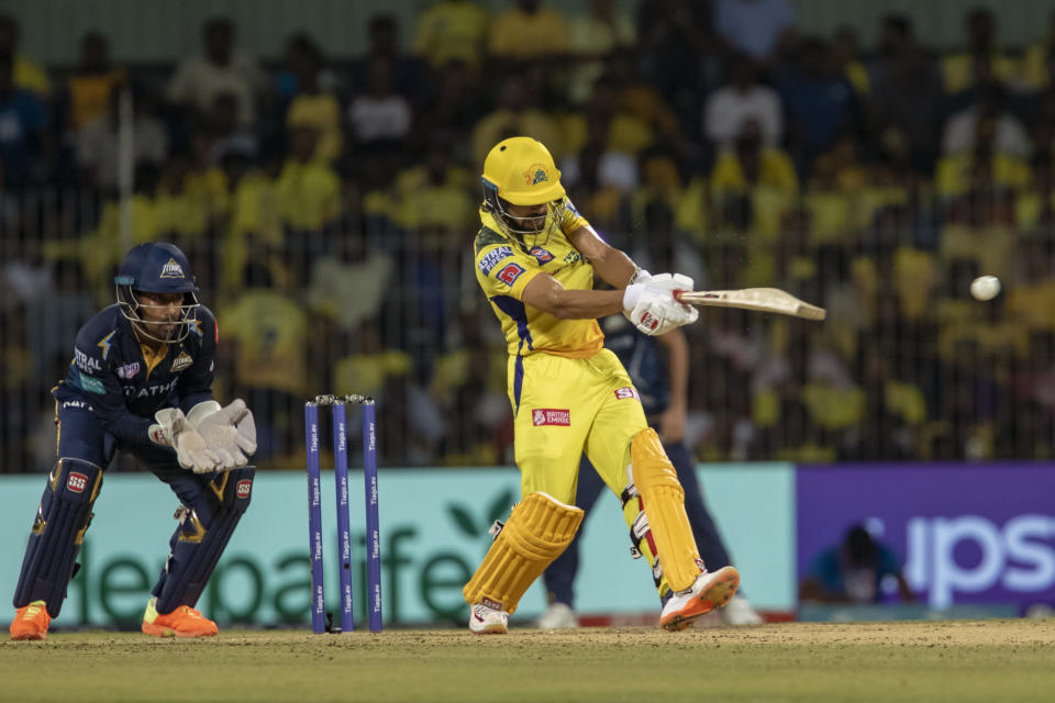 Chennai Super Kings' Ruturaj Gaikwad plays a shot during the Indian Premier League qualifier cricket match between Chennai Super Kings and Gujrat Titans in Chennai, India, Tuesday, May 23, 2023. (AP Photo /R. Parthibhan)