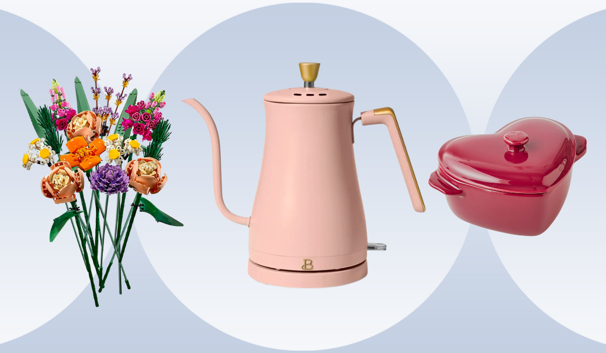 LEGO flower bouquet, pink electric gooseneck kettle, heart ceramic baking dish