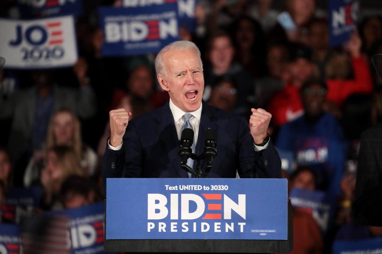 Joe Biden speaks Feb. 29, 2020 at his primary night event at the University of South Carolina. Biden won the primary on the way to defeating President Donald Trump in the 2020 election. (Photo by Scott Olson/Getty Images) ORG XMIT: 775487171 ORIG FILE ID: 1209571048