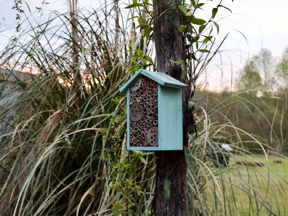 A blue beehouse attached to a pole