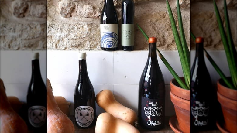 wine bottles and seasonal produce