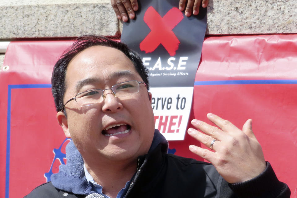 U.S. Rep. Andy Kim, a candidate for the Democratic nomination for a U.S. Senate seat, speaks in support of Atlantic City casino workers during a rally in Trenton N.J., Friday, April 5, 2024, after the United Auto Workers and casino workers filed a lawsuit challenging New Jersey's clean indoor air law that exempts casino workers from its protections. (AP Photo/Wayne Parry)