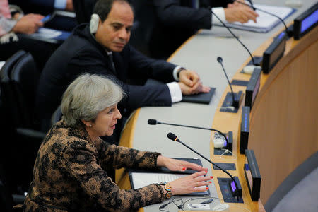 British Prime Minister Theresa May speaks during a meeting to discuss the current situation in Libya during the 72nd United Nations General Assembly at U.N. headquarters in New York, U.S., September 20, 2017. REUTERS/Lucas Jackson