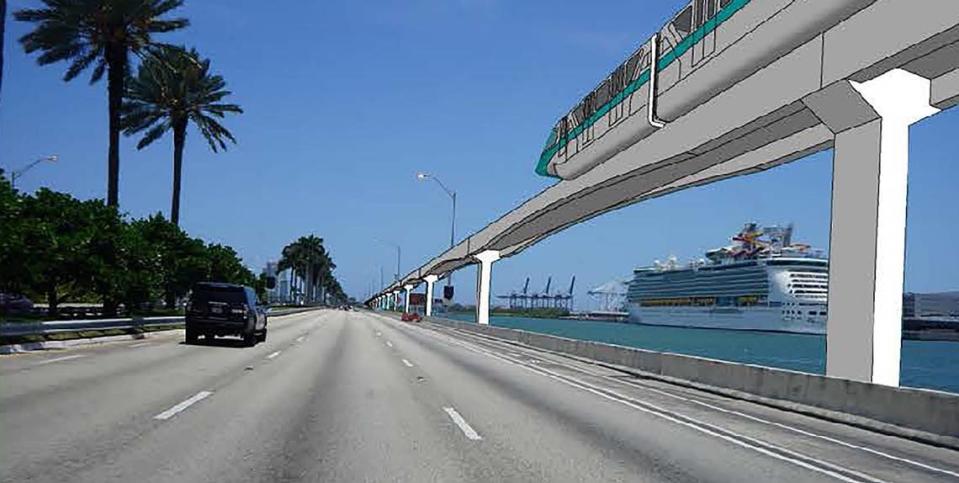 A rendering of an elevated monorail running along the MacArthur Causeway, as depicted in a county study of transit options for the long-sought “Baylink” route.