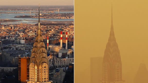 PHOTO: The Chrysler building is shown in New York on Feb. 18, 2023, and on June 7, 2023. (Gary Hershorn/ABC News)