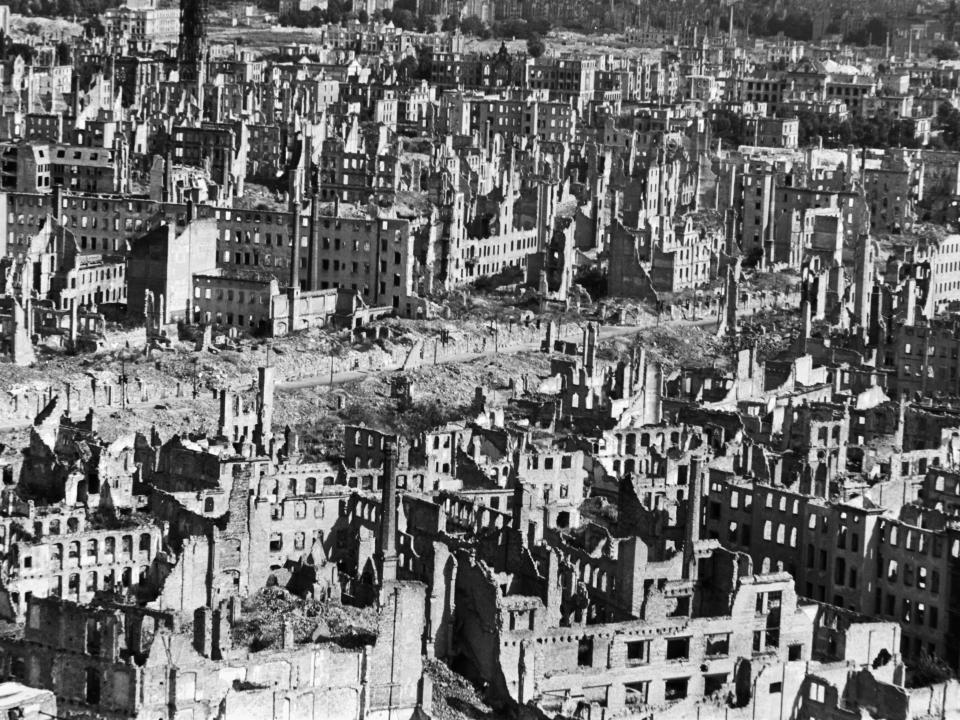 A view from the town hall tower over the destroyed city of Dresden, taken sometime between 1945 and 1950.