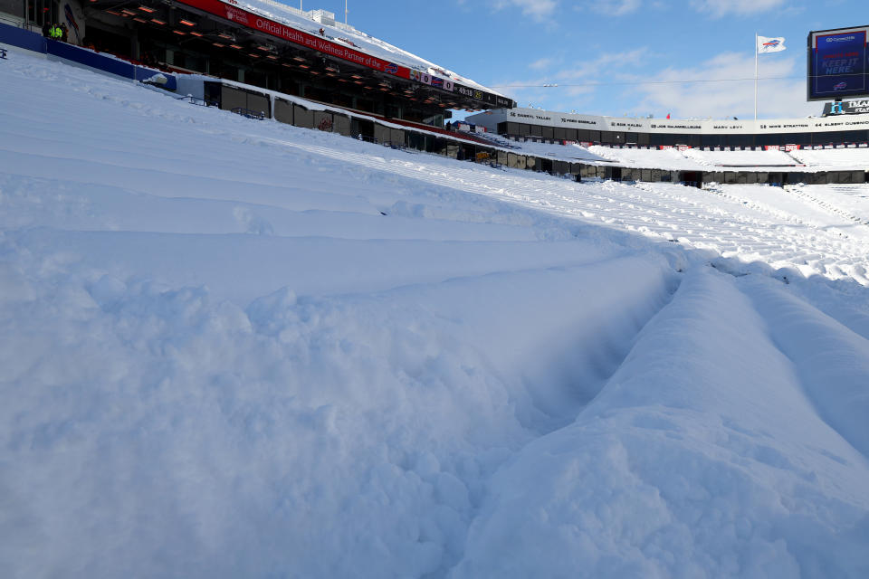 Snow blankets the stands at Highmark Stadium before the game between the Pittsburgh Steelers and the Buffalo Bills in Orchard Park, N.Y., on Monday. (Timothy T. Ludwig/Getty Images)