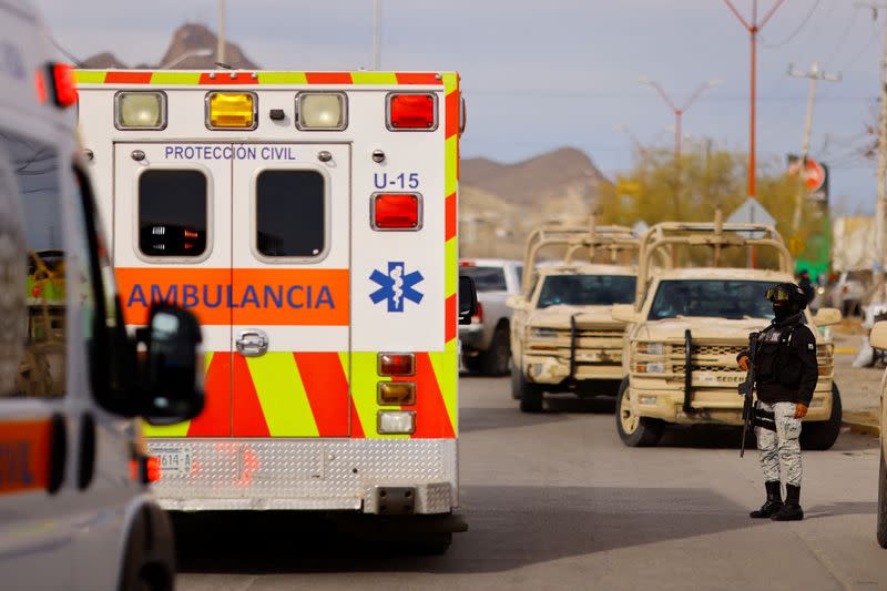 Ambulances arrive at Cereso number 3 state prison after unknown assailants entered the prison and freed several inmates, resulting in injuries and deaths, in Ciudad Juarez