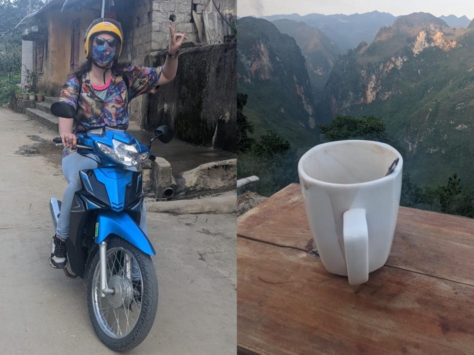 On the left, the author rides a blue motorbike. On the right, a cup of coffee sits on a lookout.